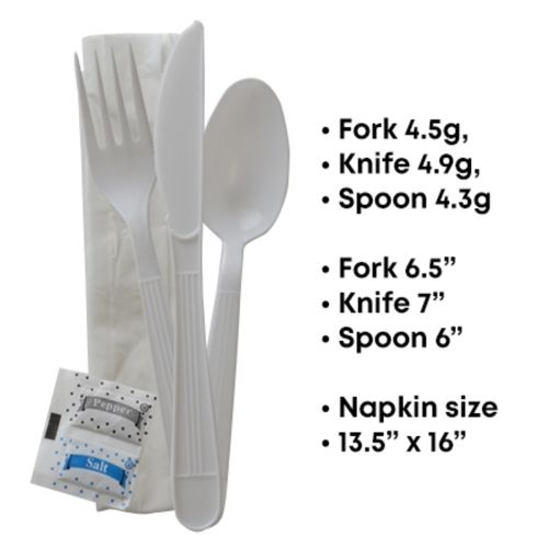 Fineline Settings 17CKFSKPPSP.WH, 8-inch ReForm Wrapped Polypropylene White Cutlery Kit (Fork, Spoon, Knife, Napkin, Salt&Pepper), 250/CS