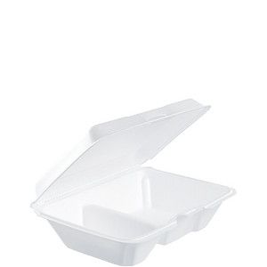 Dart 205HT2, 9x6x3-Inch Performer White Two Compartment Foam Container w/Removable Hinged Lid, 200/CS