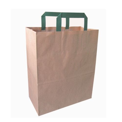 PacknWood 210CAB2518BR, 10.15x6.5x11.1-Inch Kraft Paper Bag with Green Handles, 250/CS