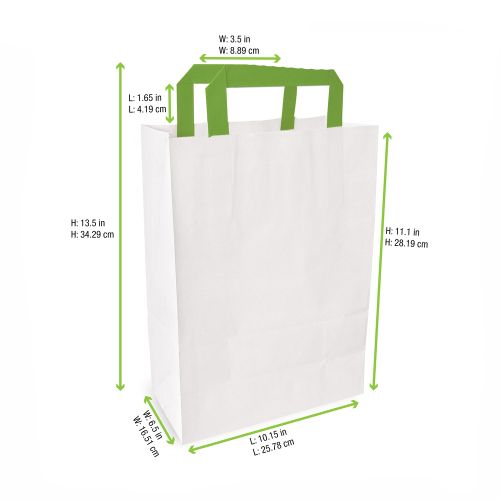 PacknWood 210CAB2518W, 10.15x6.5x11.1-Inch White Paper Bag with Green Handles, 250/CS