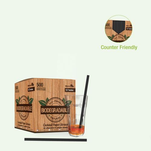 PacknWood 210CHP14FBLK, 5.7x0.23-Inch Solid Black Cocktail Paper Straws - Unwrapped, 3000/CS