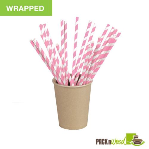 PacknWood 210CHP21PINKW-X, 8.3x0.2-inch Pink Striped Wax Coated Paper Straws Wrapped, 500/CS (Discontinued)