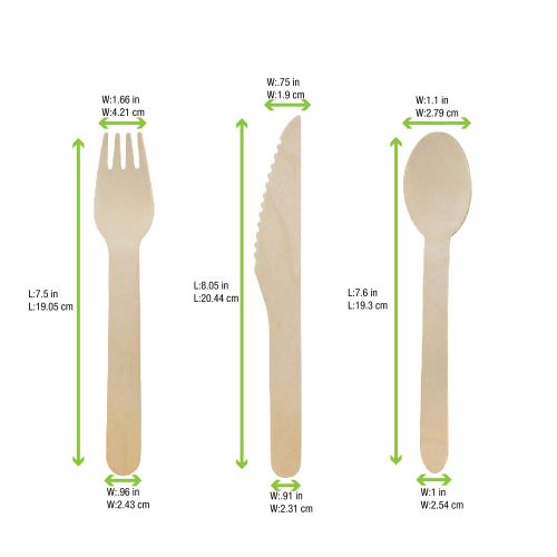 PacknWood 210COUVB3K, 7.8-Inch Wooden Cutlery 3/1 kit (Knife + Fork + Spoon), 250/CS