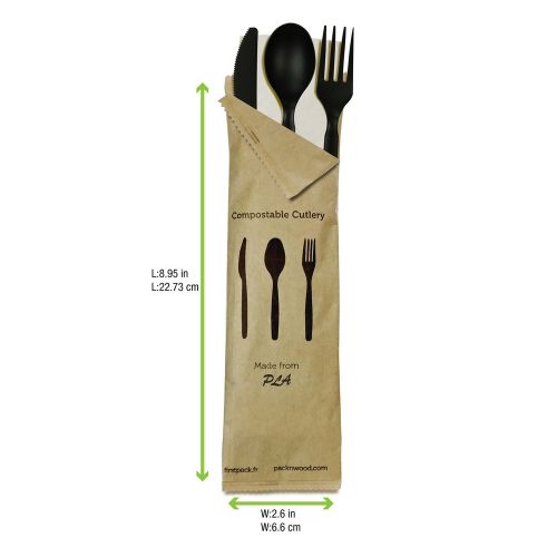PacknWood 210CVPLK416N, Black 4/1 Cutlery Kit with Kraft Bag (Knife, Fork, Spoon, Napkin), 250/CS