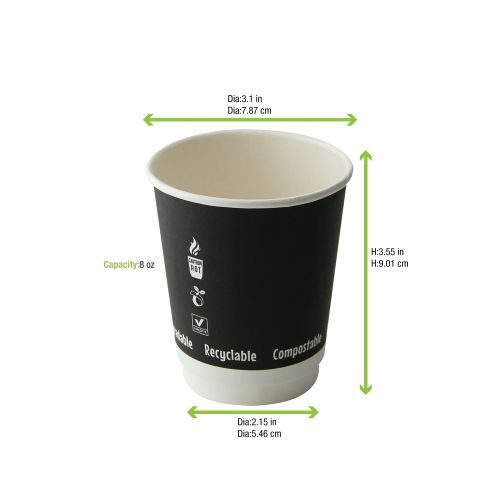 PacknWood 210GCDW8N, 8 Oz Double Wall Black Compostable Paper Cup, 500/CS