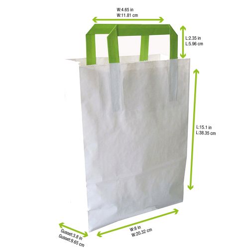 PacknWood 210MCABB20, 8-inch White Recycled Paper Carrier Bag with Green Handles, 250/CS