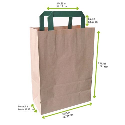 PacknWood 210MCABB20BR, 8-inch Kraft Recycled Paper Carrier Bag with Green Handles, 250/CS