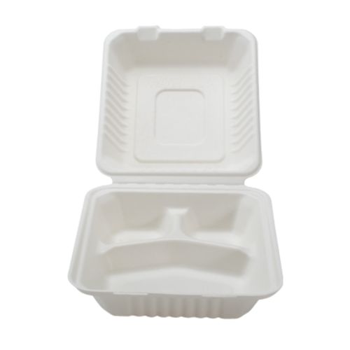 Fineline Settings 42SHD9S3, 9x9x3.1-inch 3-Compartment Conserveware Bagasse  Deep Hinged Container, 200/CS | McDonald Paper & Restaurant Supplies.