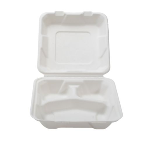 Fineline Settings 42SHDL8S3, 8x8x2.5-inch 3-Compartment Conserveware PLA Lined Bagasse Low Hinged Container, 200/CS (Discontinued)
