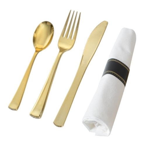 Fineline Settings 7630, 7-inch Golden Secrets Napkin Roll Fork, Spoon & Knife Cutlery Set, 70/CS
