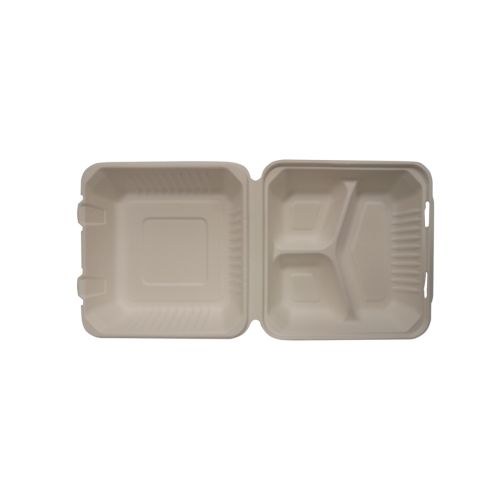 SafePro BC993PF, 9x9x3-Inch PFAS-Free Bagasse Hinged 3-Compartment Container, 200/CS, BPI
