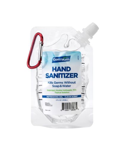 Germium GRP58C 2 Oz Gel Hand Sanitizer Squeeze Pouch w/Carabiner, 70% Isopropyl Alcohol, 24/CS