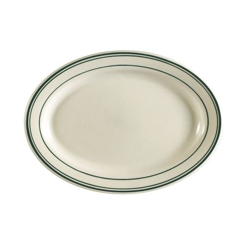C.A.C. GS-14, 12.5-Inch Stoneware Greenbrier Oval Platter with Green Band, DZ
