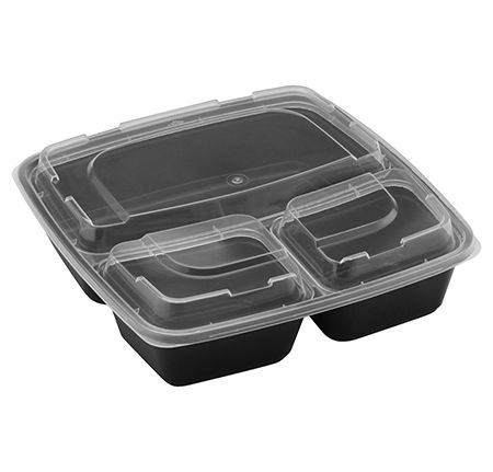 Fineline Settings 17CPSB48S3, 8x8-Inch 48 Oz 3-Section PP Square Bowl with Lid, 100/CS