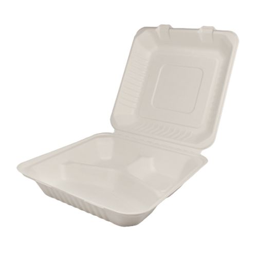 SafePro BC883 8x8x3-Inch Bagasse Hinged 3-Compartment Container, 200/CS, BPI