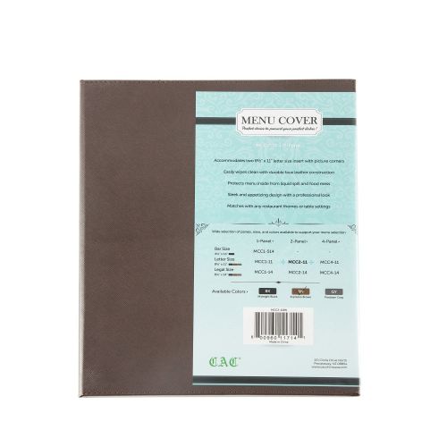 C.A.C. MCC2-11BN, 8.5x11-inch 2-Panel Faux Leather Brown Menu Cover