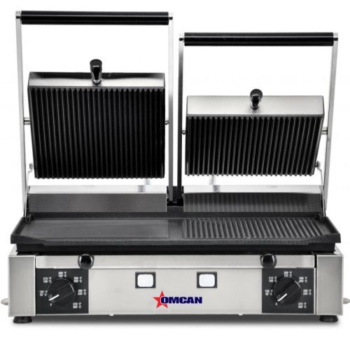 Omcan PG-IT-0737, 10x19-inch Electric Double Panini Grill with Ribbed Top and Smooth Bottom Surface