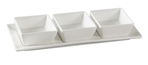Yanco PS-724 3-Inch Piscataway Porcelain Three Square White Bowls 3 Oz Each On A 11x4.25 Tray, 12 Sets