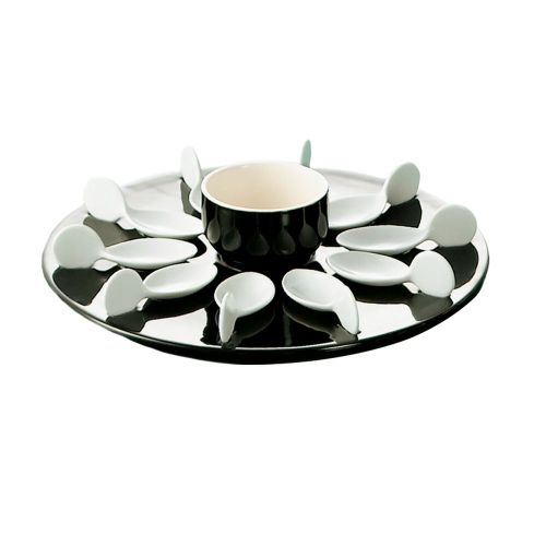 C.A.C. PTP-21-BLK,  7 Oz Porcelain Black/White Bowl & 10 Tasting Spoons with 12.25-Inch Round Black Tray, 4-Set/CS