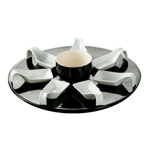 C.A.C. PTP-23-BLK, 7 Oz Porcelain Black/White Bowl and 7 0.5 Oz Square Spoons with 12.75-Inch Round Black Tray, 4-Set/CS