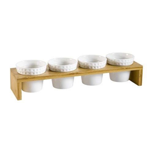 C.A.C. PTW-4, Four 5 Oz Porcelain Round Bowls with 15.75-Inch Rectangular Bamboo Stand, 12-Set/CS
