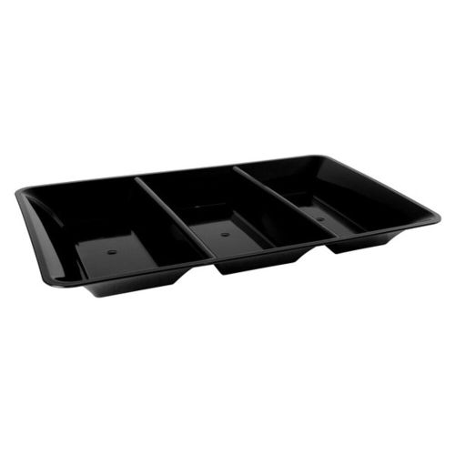 Fineline Settings RC475.BK, 14x10-inch 3-Compartment Platter Pleasers Polystyrene Black Rectangular Tray, 25/CS