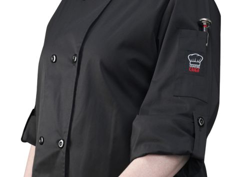 Winco UNF-12KS, Black Ventilated Chef Jacket with Roll-Tab Sleeves and Tapered Fit, Small