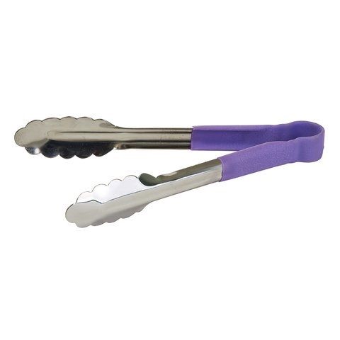Winco UTPH-9P, 9-Inch Stainless Steel Utility Tong with Purple Handle, Allergen Free