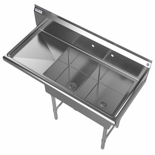 Prepline XS2C-1416-L, 42.5-inch 2-Compartment Commercial Sink with Left Drainboard, 14x16-inch Bowls