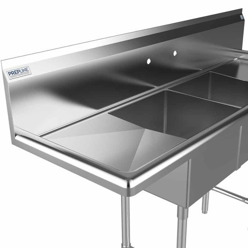 Prepline XS2C-1416-LR, 52-inch 2-Compartment Commercial Sink with Left and Right Drainboards, 14x16-inch Bowls