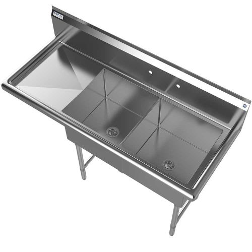 Prepline XS2C-1818-L, 56.5-inch 2-Compartment Commercial Sink with Left Drainboard, 18x18-inch Bowls