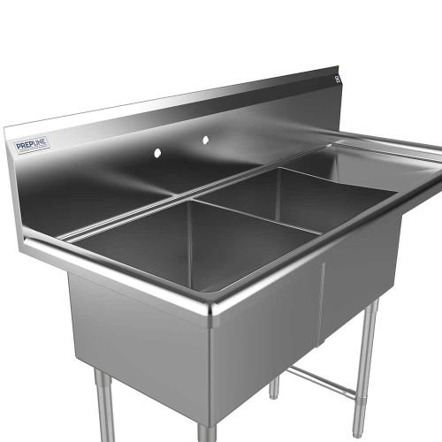 Prepline XS2C-1818-R, 62.5-inch 2-Compartment Commercial Sink with Right Drainboard, 18x18-inch Bowls