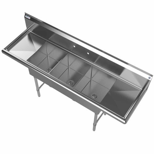 Prepline XS3C-1416-LR, 66-inch 3-Compartment Commercial Sink with Left and Right Drainboards, 14x16-inch Bowls