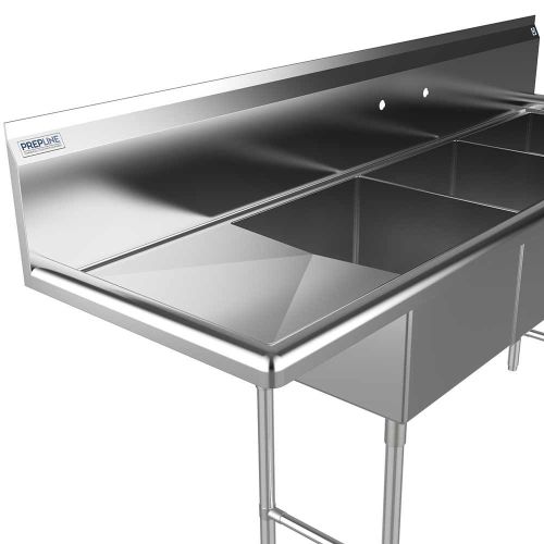 Prepline XS3C-1818-L, 74.5-inch 3-Compartment Commercial Sink with Left Drainboard, 18x18-inch Bowls