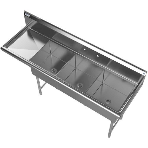 Prepline XS3C-1818-L, 74.5-inch 3-Compartment Commercial Sink with Left Drainboard, 18x18-inch Bowls