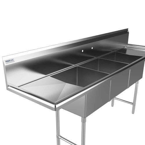 Prepline XS3C-1818-LR, 90-inch 3-Compartment Commercial Sink with Left and Right Drainboards, 18x18-inch Bowls