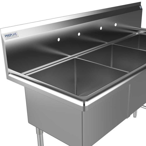 Prepline XS3C-1818-R, 74-inch 3-Compartment Commercial Sink with Right Drainboard, 18x18-inch Bowls