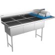 Prepline XS3C-1818-R, 74-inch 3-Compartment Commercial Sink with Right Drainboard, 18x18-inch Bowls