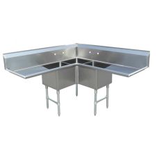 Omcan 43073, 18x18x14-inch 3-Compartment Stainless Steel Corner Sink with Left and Right Drain Boards