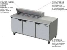 Beverage Air SPE72HC-12, 72-Inch 3 Door Counter Height Refrigerated Sandwich / Salad Prep Table with Standard Top