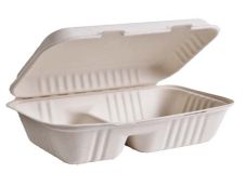 Green Wave TW-BOO-005 9x6x3-Inch Evolution White Bio Bagasse 2-Compartment Container with a Hinged Lid, 300/CS