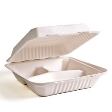 Hefty 00D72003ECO1, 9x9x3-Inch ECOSAVE PFAS-Free 3-Compartment Bagasse Fiber Hinged Container, 50/PK