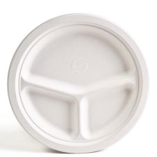 Green Wave TW-POO-011 9" Evolution White Bio Bagasse 3-Compartment Round Plate, 500/CS