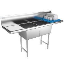 Prepline XS2C-1818-LR, 72-inch 2-Compartment Commercial Sink with Left and Right Drainboards, 18x18-inch Bowls